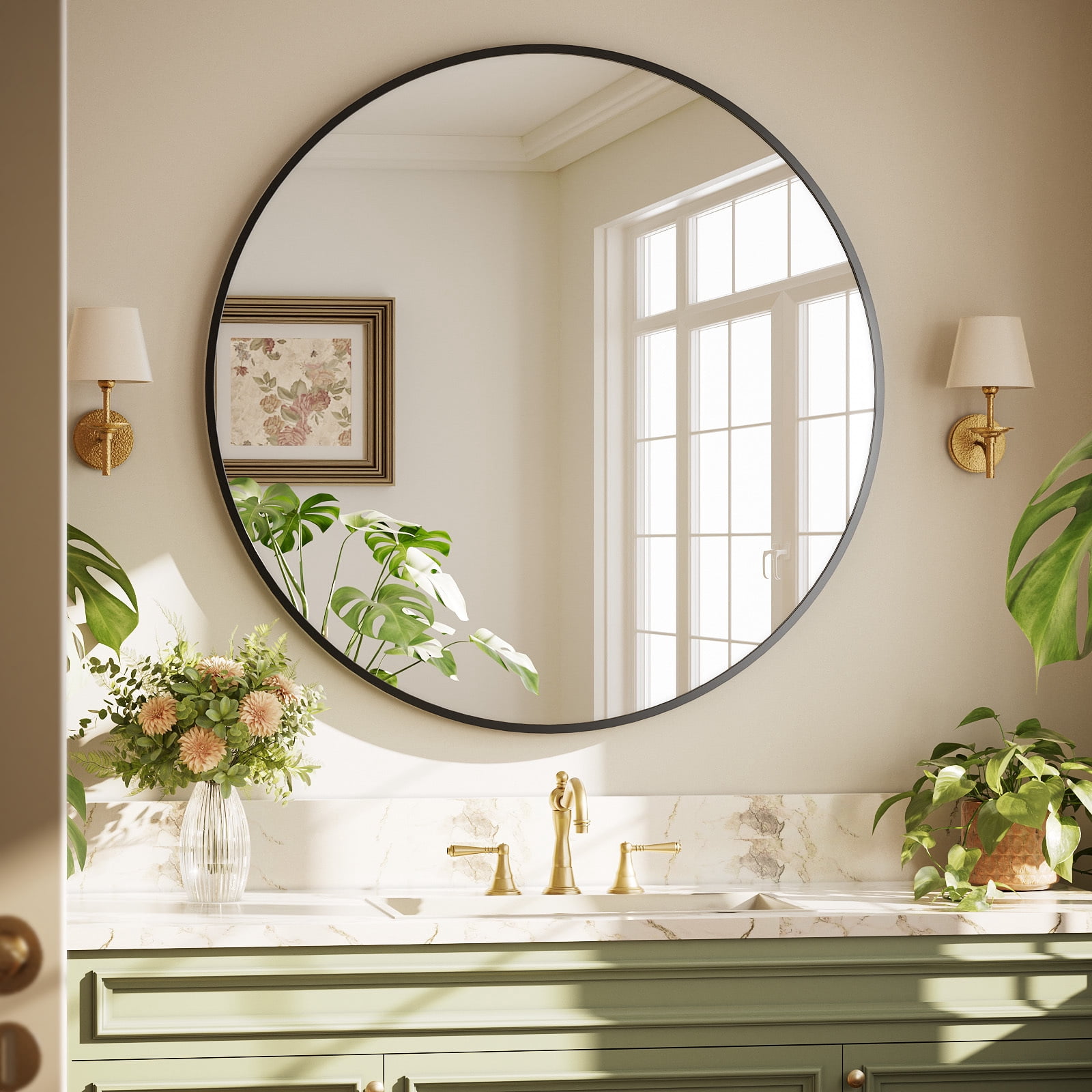 AUROMIR‌ 30" Bathroom Mirror Round Mirror Wall Vanity Mirror with Metal Frame, Black
