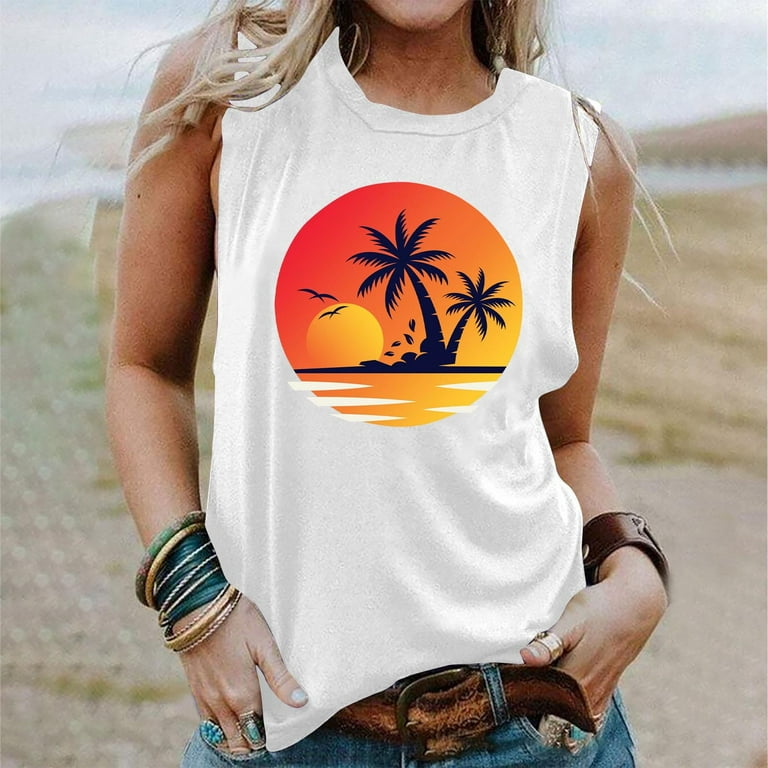 ZQGJB Palm Trees Sunset - Summer Vacation Tropical Beach Art Tank Top Cute Sleeveless  Round Neck Cami Basic Tee Shirts Hawaiian Tops White XXL 