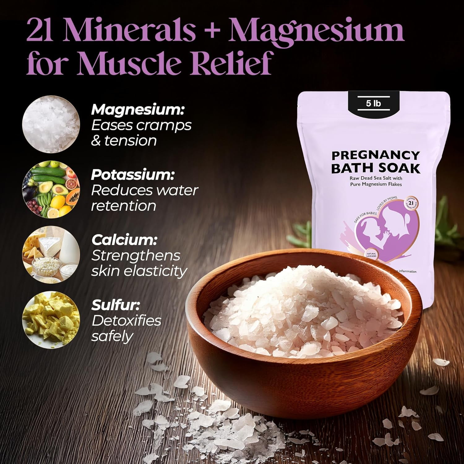 Aromasong Dead Sea Pregnancy Bath Soak with Natural Lavender & Magnesium Flakes, 5 lb | Pregnancy Safe Magnesium Bath Salts