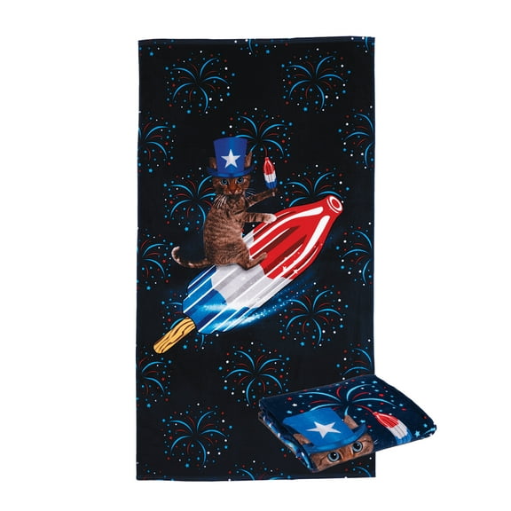 Spirit of America Cotton Blend Popsicle Cat Patriotic Graphic Print Quick Dry Beach Towel, 34" x 64"