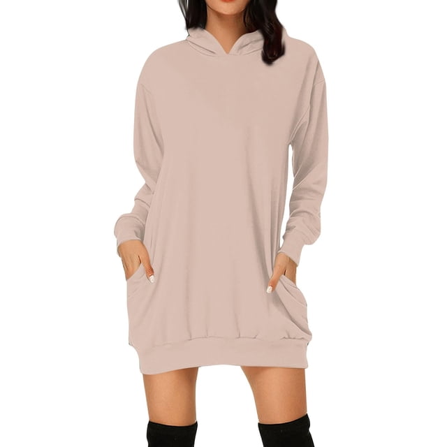 Ladies Casual Loose Long Sleeved Hooded Solid Color Dress
