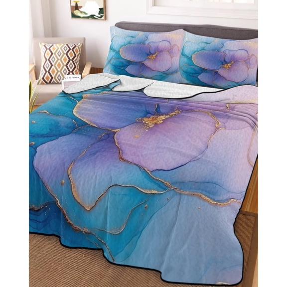 Blue Purple Pink Floral Marble Queen Size Down Alternative Comforter,Lightweight Comforter Quilt Bedding Set with Pillow Shams Contemporary Abstract Art All Seasons Bed Comforter Duvet Insert 90"x96"
