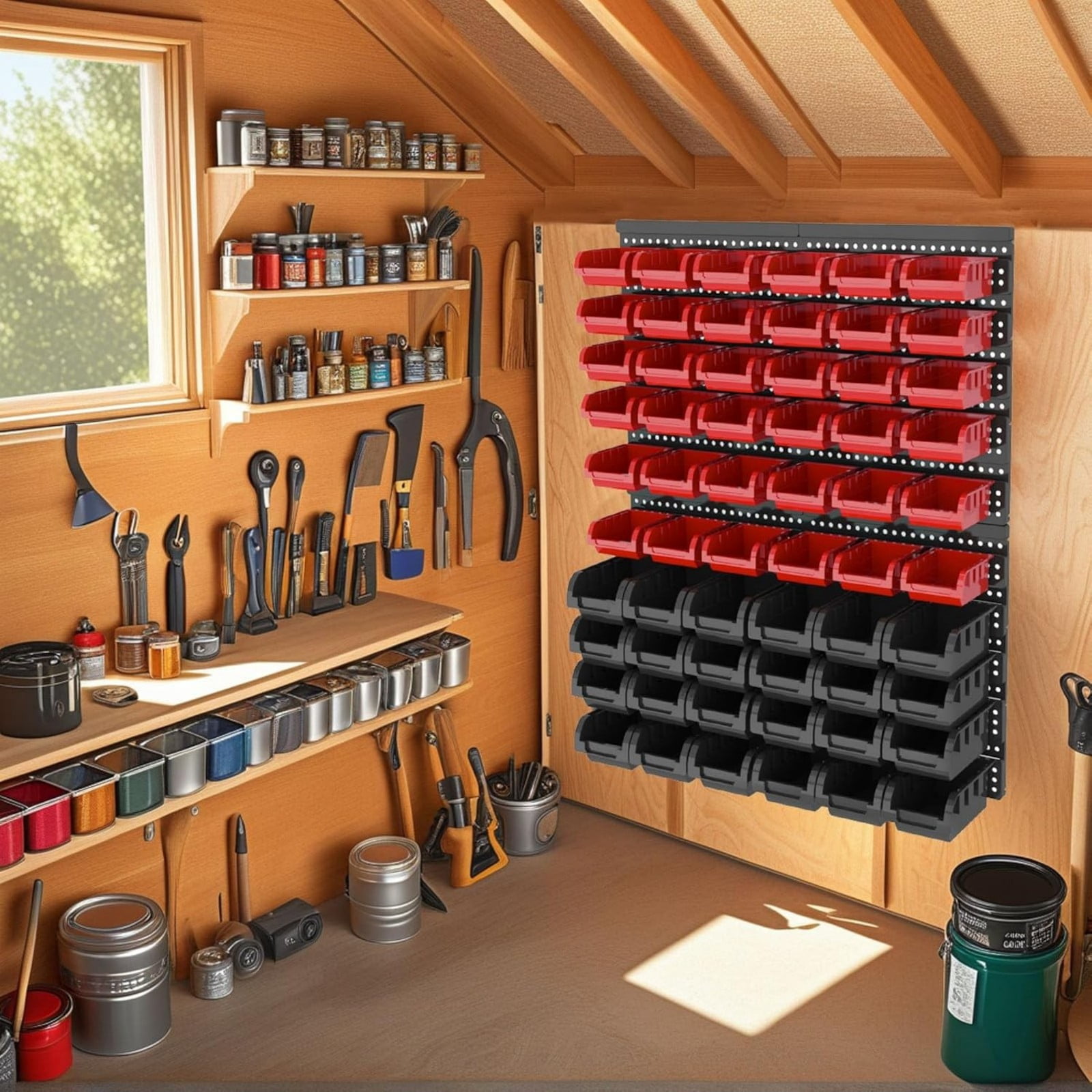60 PCS Wall Mounted Storage Bins Organizer, Large Plastic Nut & Bolt Organizer with Pegboard, Screw Storage Bins for Garage, Workshop, Hardware, Crafts (Red & Black)