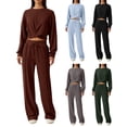 thumbnail image 6 of 2 Pcs/Set Women Top Pants Set Round Neck Long Sleeve Crop Top Drawstring Elastic Waist Wide Leg Sweatpants Sport Outfit Spring Autumn Tracksuit, 6 of 8