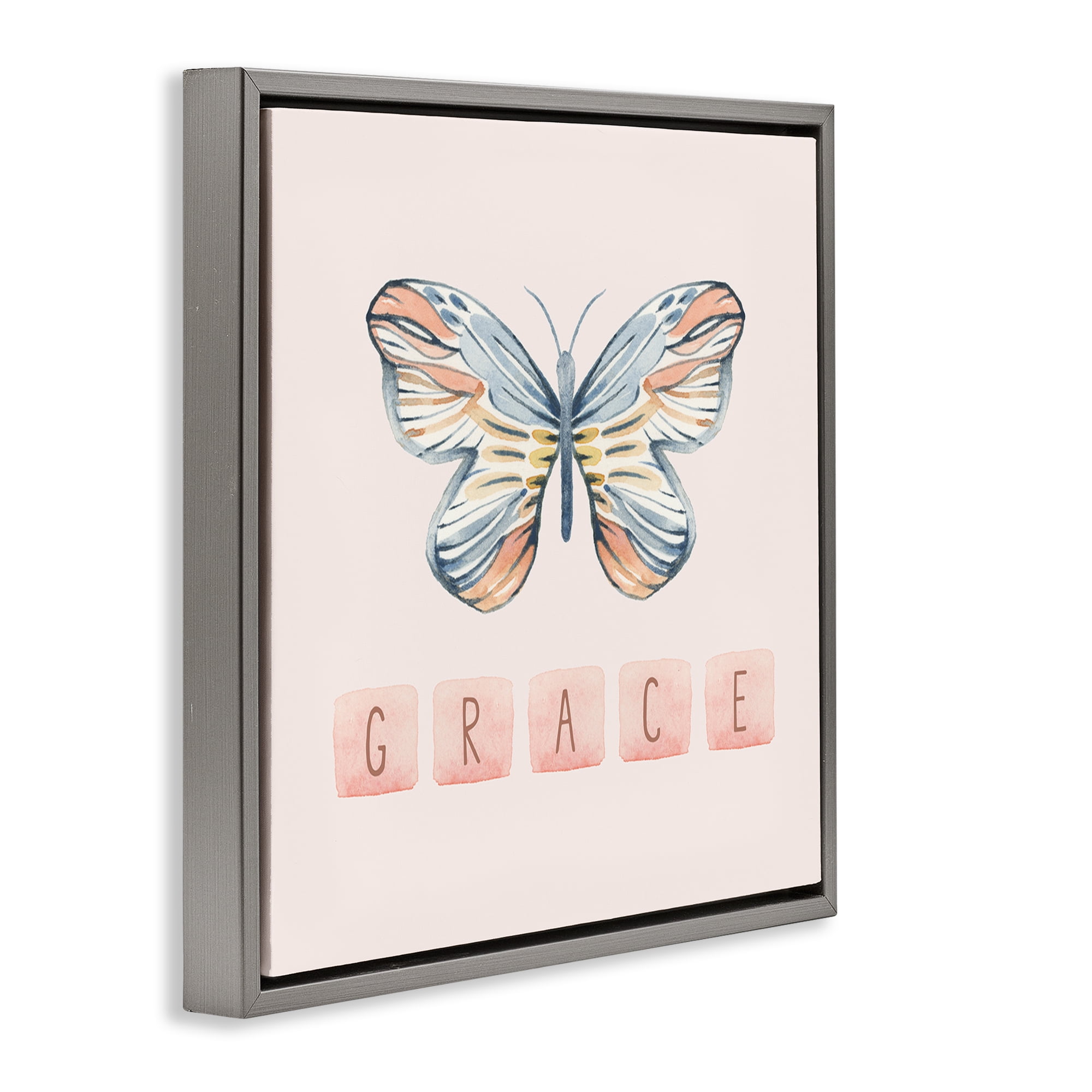 Stupell Industries Grace with Butterfly Religious & Spiritual Painting Gray Floater Framed Canvas Art Print Wall Art, 18 x 18