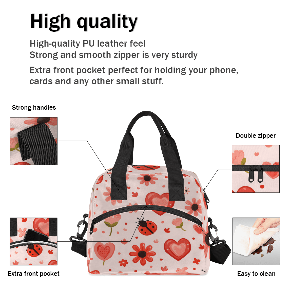Herdesigns Cute Ladybugs Insulated Lunch Bag for Women Men Adults Large Reusable Lunch Box Flower Ladybugs Leakproof Cooler Tote Bags with Adjustable Shoulder Strap
