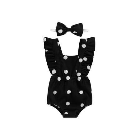 

TheFound Infant Baby Girl Summer Romper Fuzzy Dot Print Ruffle Sleeve Backless Bodysuit+Headband 2pcs Set