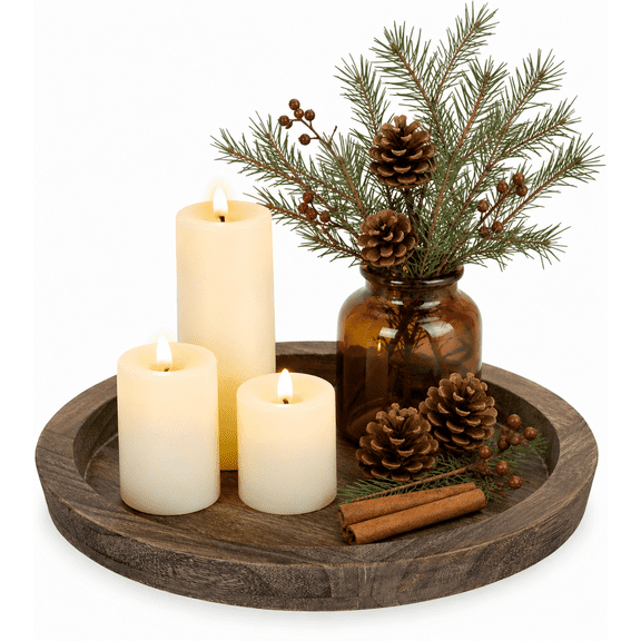 Round Wooden Candle Holder Tray, 11 Inch Decorative Wood Tray for Coffee Table, Farmhouse Candle Plate for Table Centerpiece and Home Decor