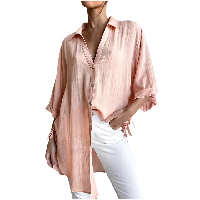Blusa de manga 3/4 con botones sólidos a la moda para mujer, blusa con cuello en V, jersey Wmkox8yi bvn2947