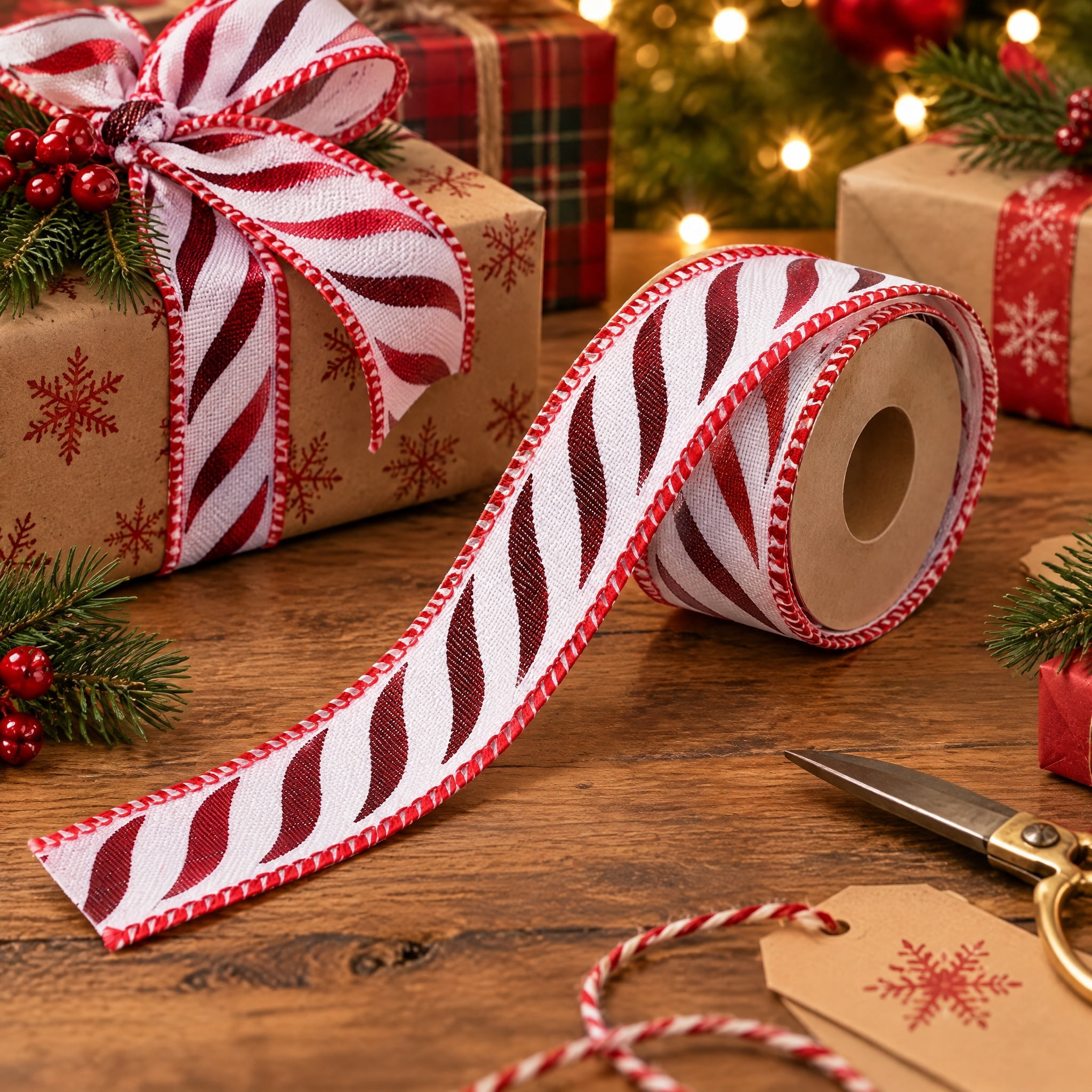 Red and White Wavy Striped Mini Christmas Ribbon, 1" x 12', by Holiday Time