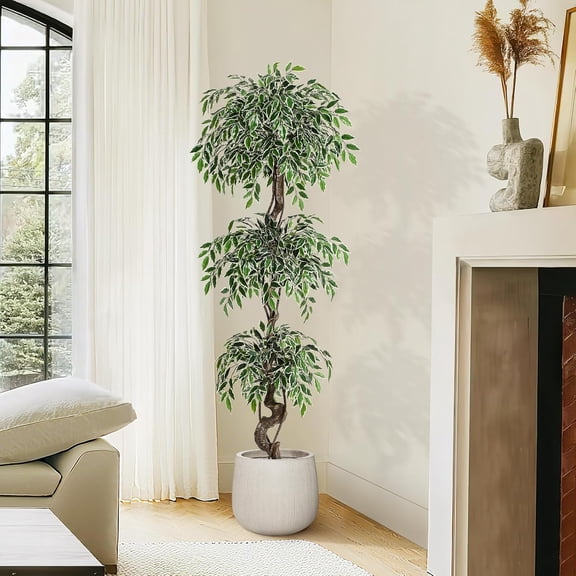 Artificial Ficus Tree for Home Decor Indoor,6 ft Faux Floor Tree White Imitation Ceramic Planter, Indoor Outdoor Lifelike Fake Ficus Tree with Pebbles & Green Fake Moss for Office
