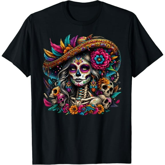 Premium model-Unisex-100% cotton-De Los Muertos La Catrina Day of The Dead Sugar Skull Women T-Shirt