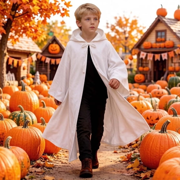 dazeni Kids Long Sleeve Hooded Cloak Boys Girls Full Length Medieval Cover up with Hood Holloween Outfits Birthday Theme Clothes White 13-14 Years