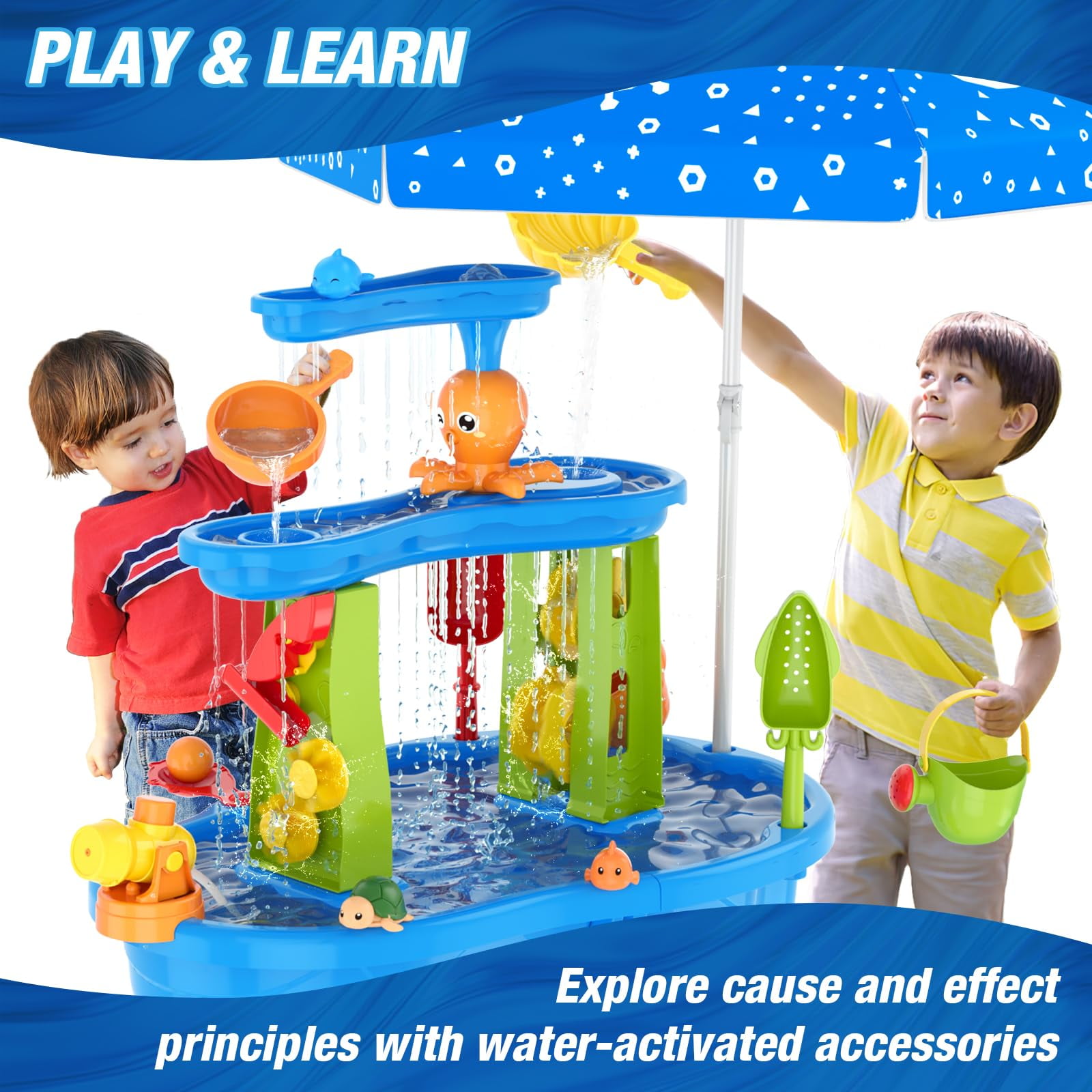 JoyStone 3-Tier Kids Sand Water Table with Umbrella, Outdoor Sensory Play Table Toy, 28.66" Tall, Summer Gift for Toddlers & Kids (Pump Not Included)