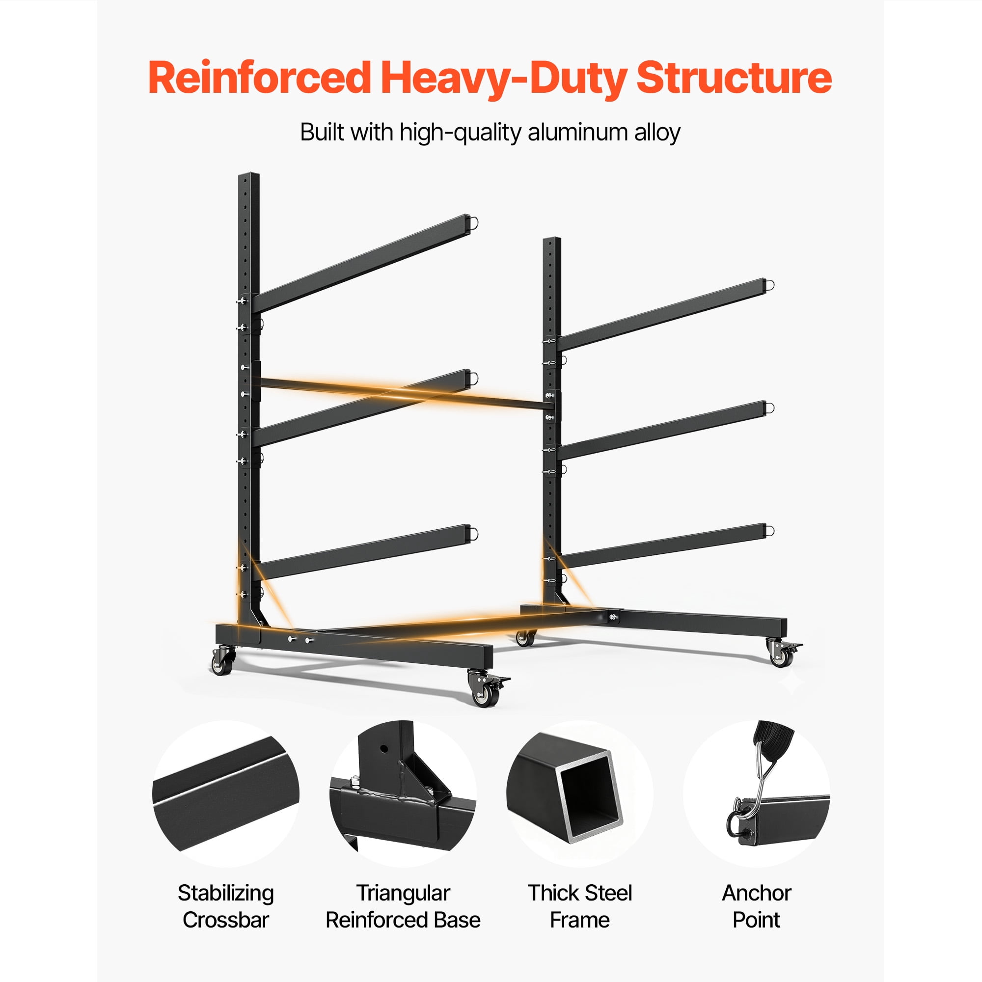 KFFKFF Adjustable Freestanding Kayak Storage Rack for 3 Kayaks, Supports 200 lbs, Durable Stand with Lockable Wheels for Indoor and Outdoor Use, Suitable for Canoes, SUPs, Surfboards,and Paddleboards