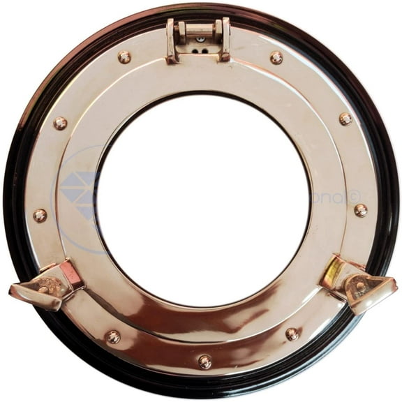 Aluminum Nickel Polished Porthole On Black Wooden Base - (08 Inches, Window)