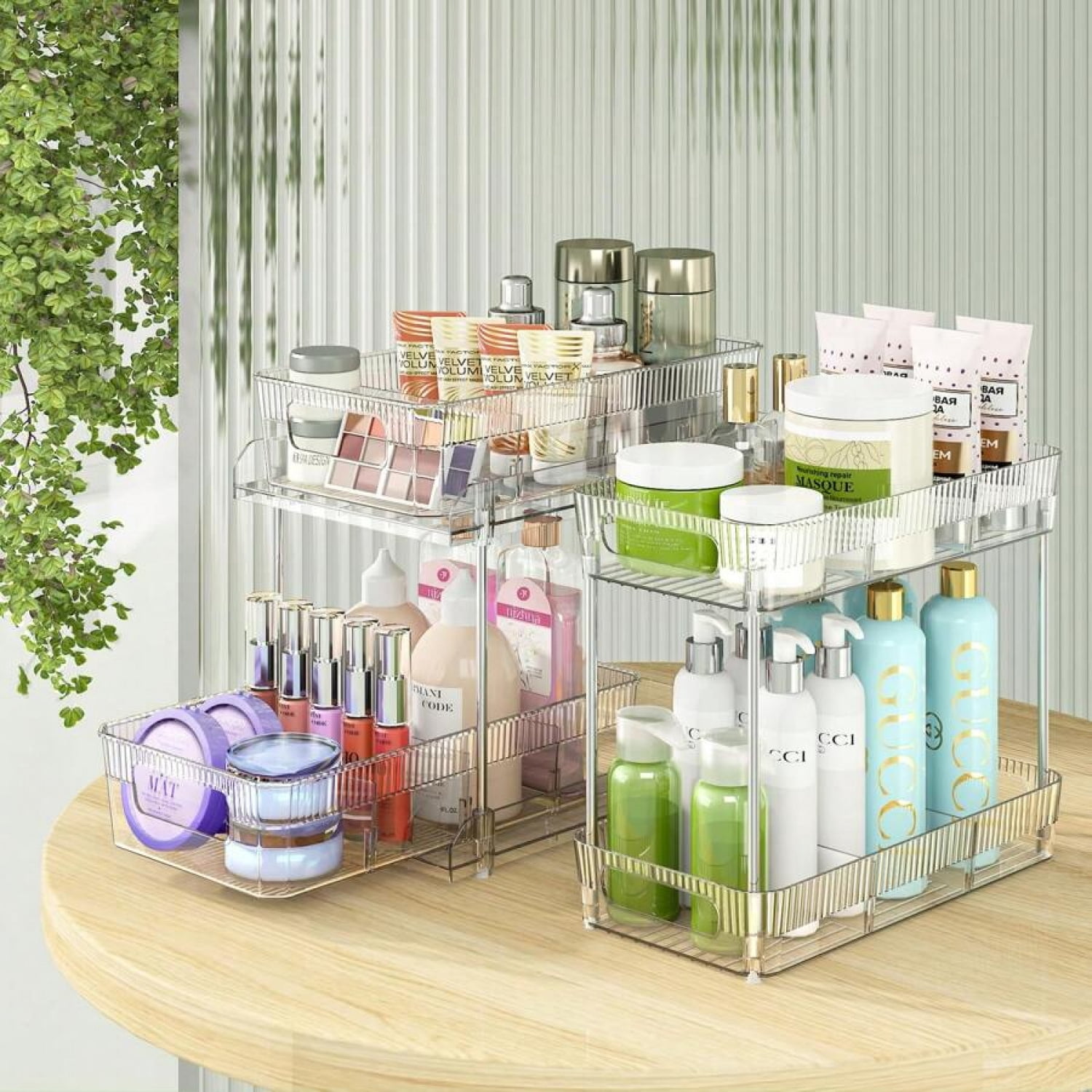 3 Pcs 2 Tier Bathroom Organizer With Dividers, Clear Under Sink Organizers Storage Slide Out Bathroom Vanity Counter Storage Container For Kitchen Pantry Cabinet Closet, Medicine Organizer