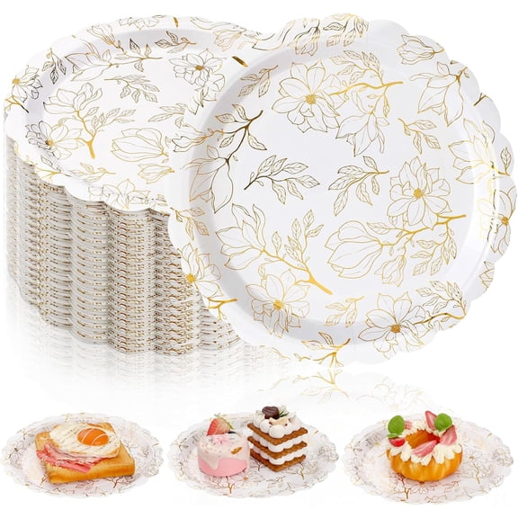White and Gold Paper Plates Magnolia Floral Scalloped Disposable Plates for Wedding Bridal Party Supplies
