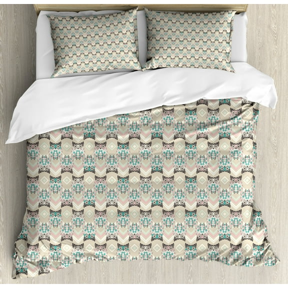 Owls Duvet Cover Set King Size, Cute Pattern with Native an Geometric Ornaments Horizontal Zigzag Lines, Decorative 3 Piece Bedding Set with 2 Pillow Shams, Tan Turquoise Pale Pink, by Ambesonne