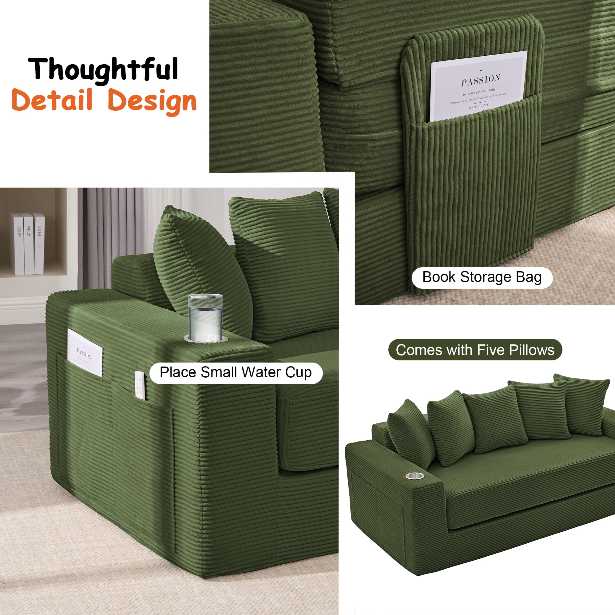 Leumius 76" Convertible Sofa Bed,Corduroy Boneless Couch with Cup Holders & Pocket,2-in-1 Sleeper Sofa Pull-out Couch Bed with 5 Pillows, Living Room, Small Spaces, Bedroom, No Assembly,Green