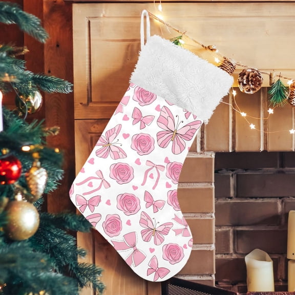 Ryvnso Christmas Stockings Butterflies Roses Bows 17.7" Large Stocking Decoration 1 Pack