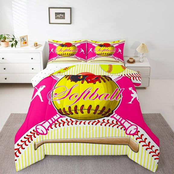 Manfei Softball Bedding Comforter Set,Girls Sport Theme Twin Comforter Sets,Pink Yellow Red Bedding Set For Teens,Breathable Home Decor Reversible,2-Piece