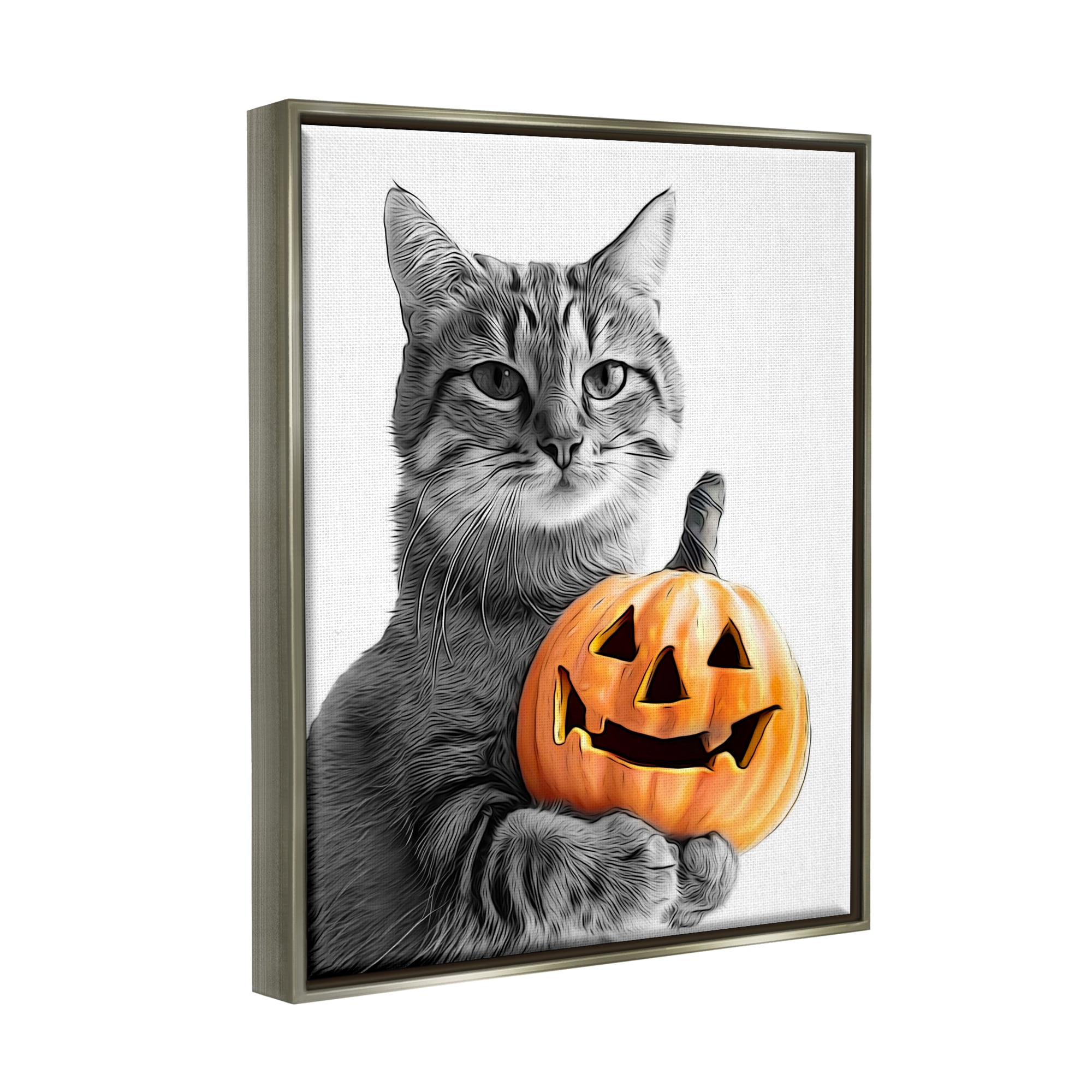 Stupell Industries Cat & Jack-o-Lantern Holiday Painting Gray Floater Framed Canvas Art Print Wall Art, 25 x 31