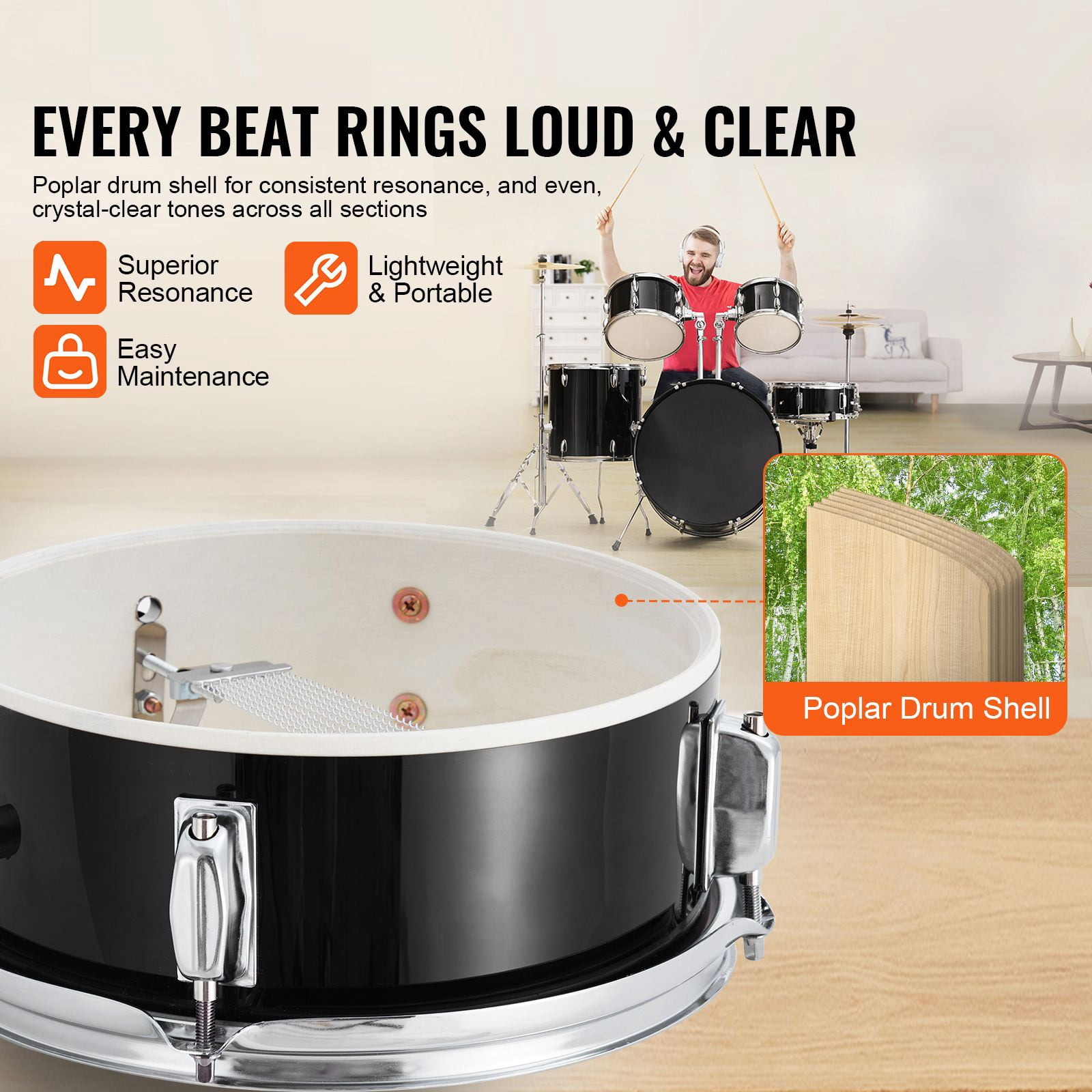 Adult Drum Set, 5-Piece 22 inches Complete Full Size Drum Kit with Bass Toms Snare Floor Drum Adjustable Throne Stands Cymbal Hi-Hat Pedal and Drumsticks, Beginner Drum Kit for Adults, Black