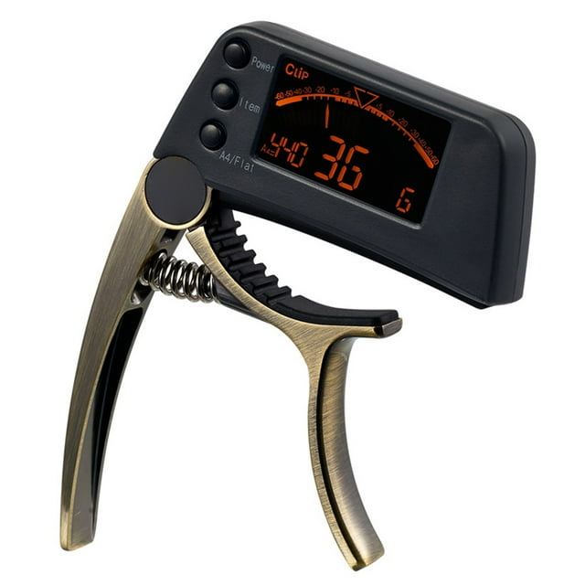 Afinador de guitarra digital LCD 2 en 1 con capo y afinador de bajo acústico con clip, generador de tonos para guitarra, ukelele y banjo (bronce)