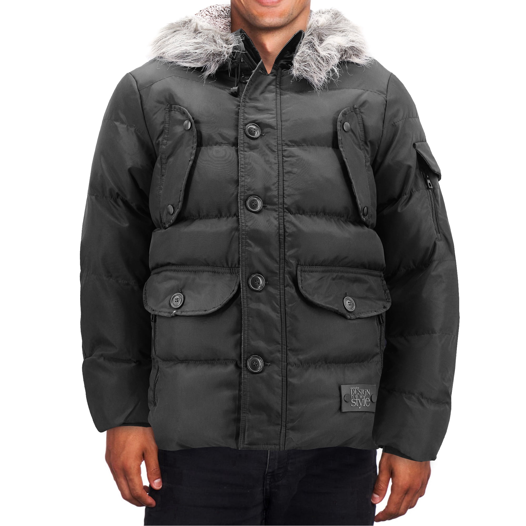 Spirio Mens Winter Buttons Lined Warm Thicken Quilted Puffer Jacket with Fur Hood
