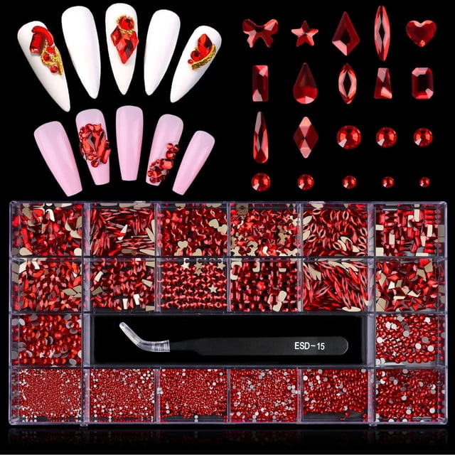 Kit de diamantes de imitación para decoración de uñas EBANKU Red Crystal, 3100 piezas con herramientas
