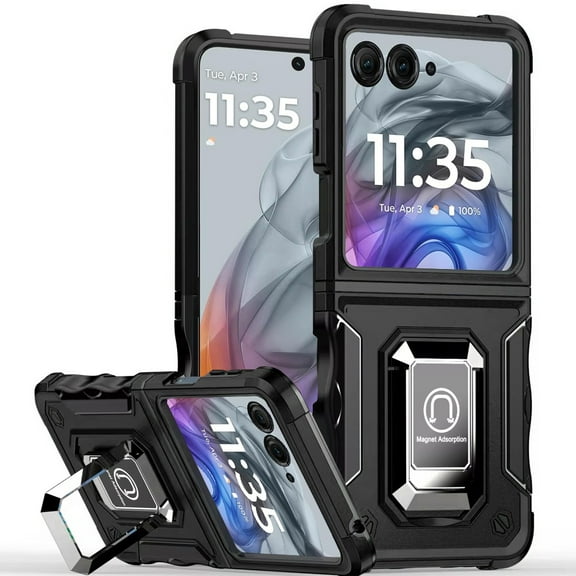 Military Grade Shockproof Hybrid Armor Case with Ring Grip for Motorola Razr 2024 - Black