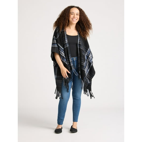Time and Tru Women's Plaid Ruana Coverup, One Size, Black Soot
