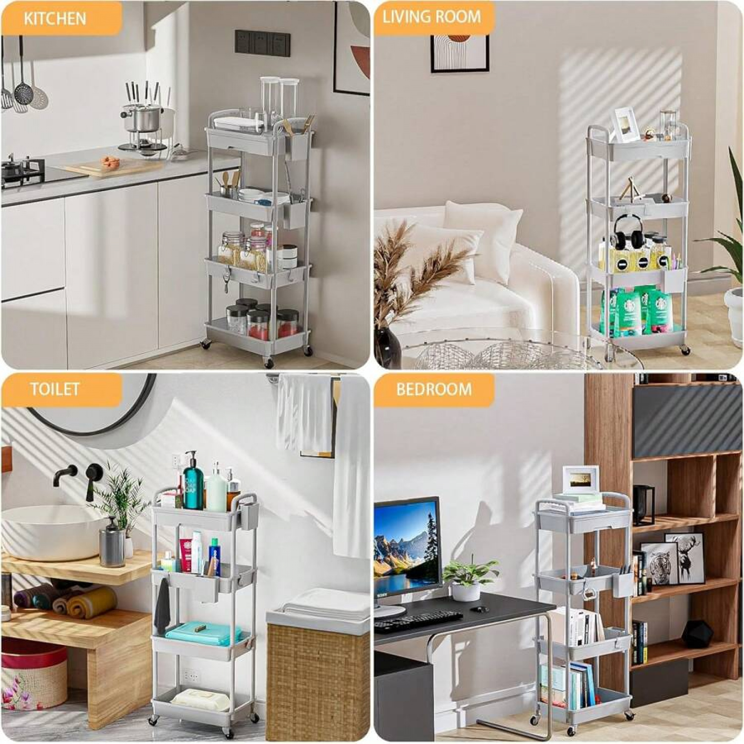 NTGFU 4 Tier Grey Rolling Utility Cart with Drawer, Utility Cart Made Of Multifunctional Storage Organizer Tool for Kitchen,Bathroom,Living Room,Office Outdoor Decor