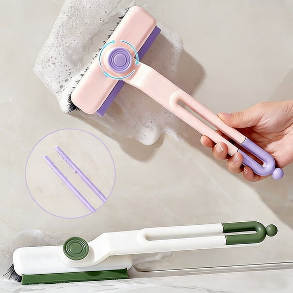 Rotating Cleaning Brush – Long Handle Household Scrubber | Hard Bristle Sink Tool, Dual Brush & Scraper, Wall Tile Cleaner | White/Pink | 9.45 in