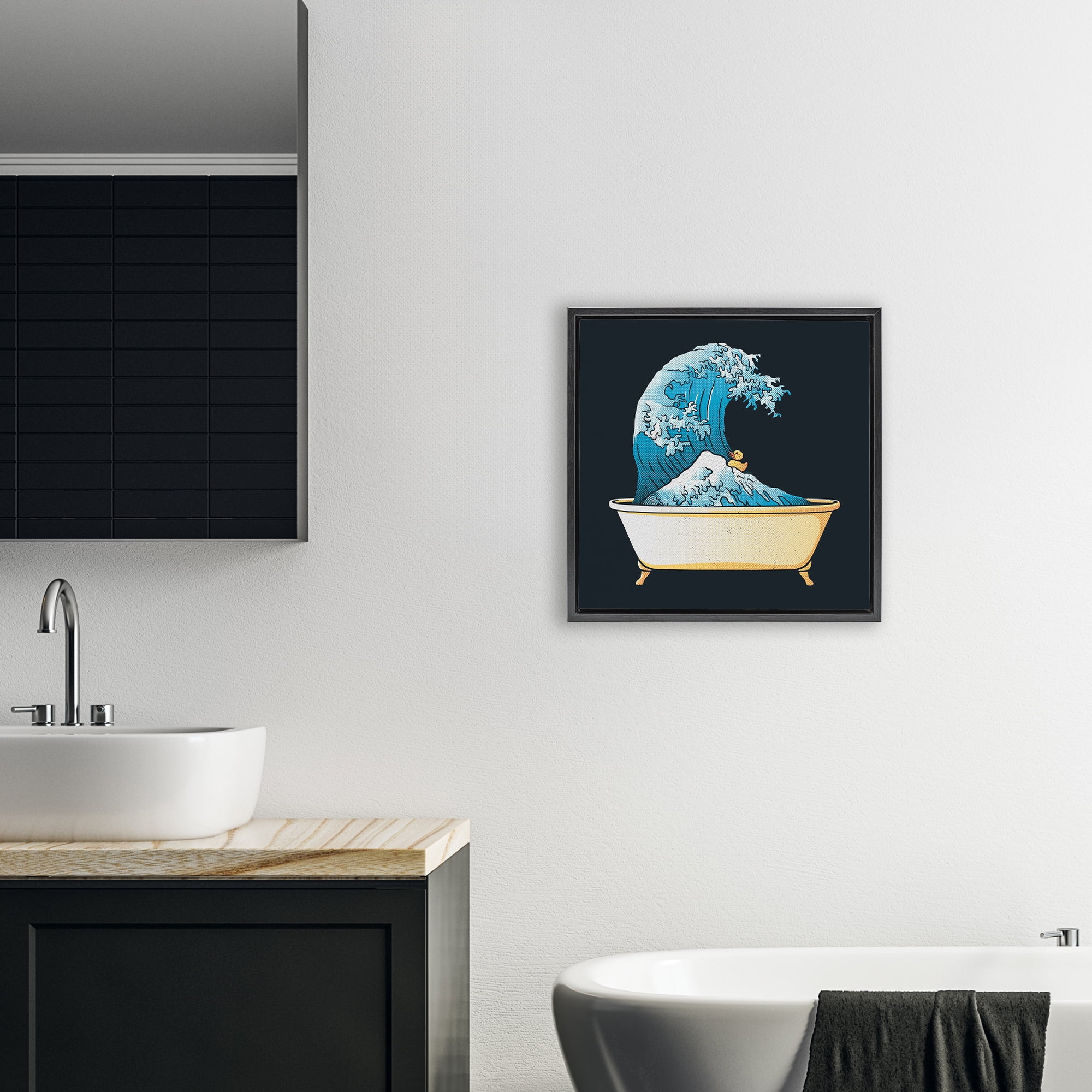 Stupell Industries Bathtub with Kanagawa Wave Black Framed Floater Canvas Wall Art, design by Tobe Fonseca