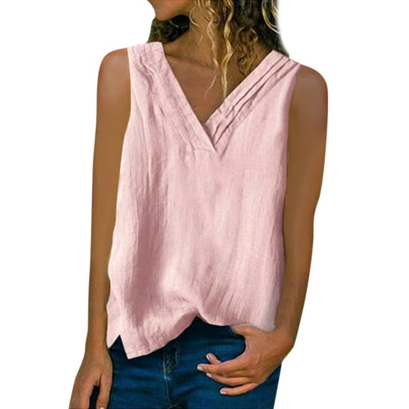 Babysbule Womens Summer Tops Clearance Womens Lmitation Linen Tops Shirt Ladies V Neck Loose Sleeveless Blouse Tee Vest