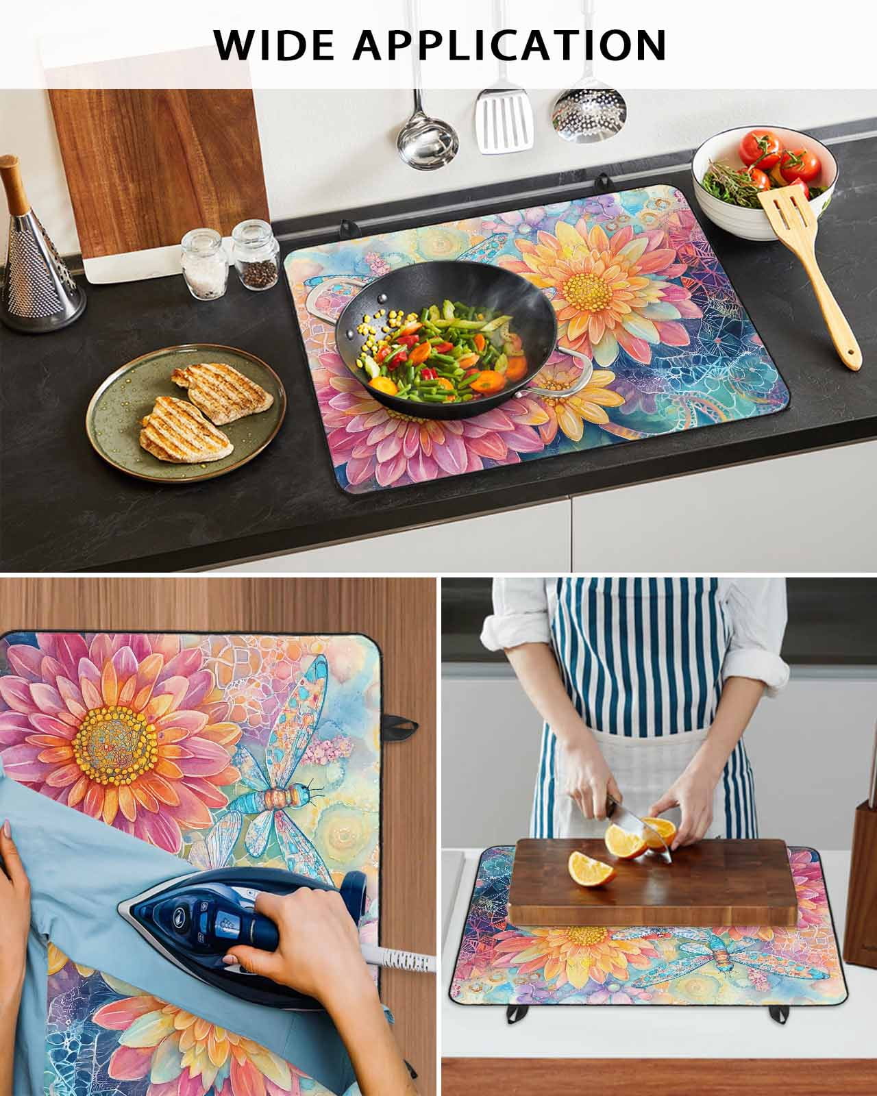 nqOlkjepod Large Induction Cooktop Protector Mat 36"x21", Pink Yellow Spring Floral Stove Top Covers for Electric Stove, Summer Flowers Dragonfly Watercolor Stove Burner Cover Mats Stove Cover