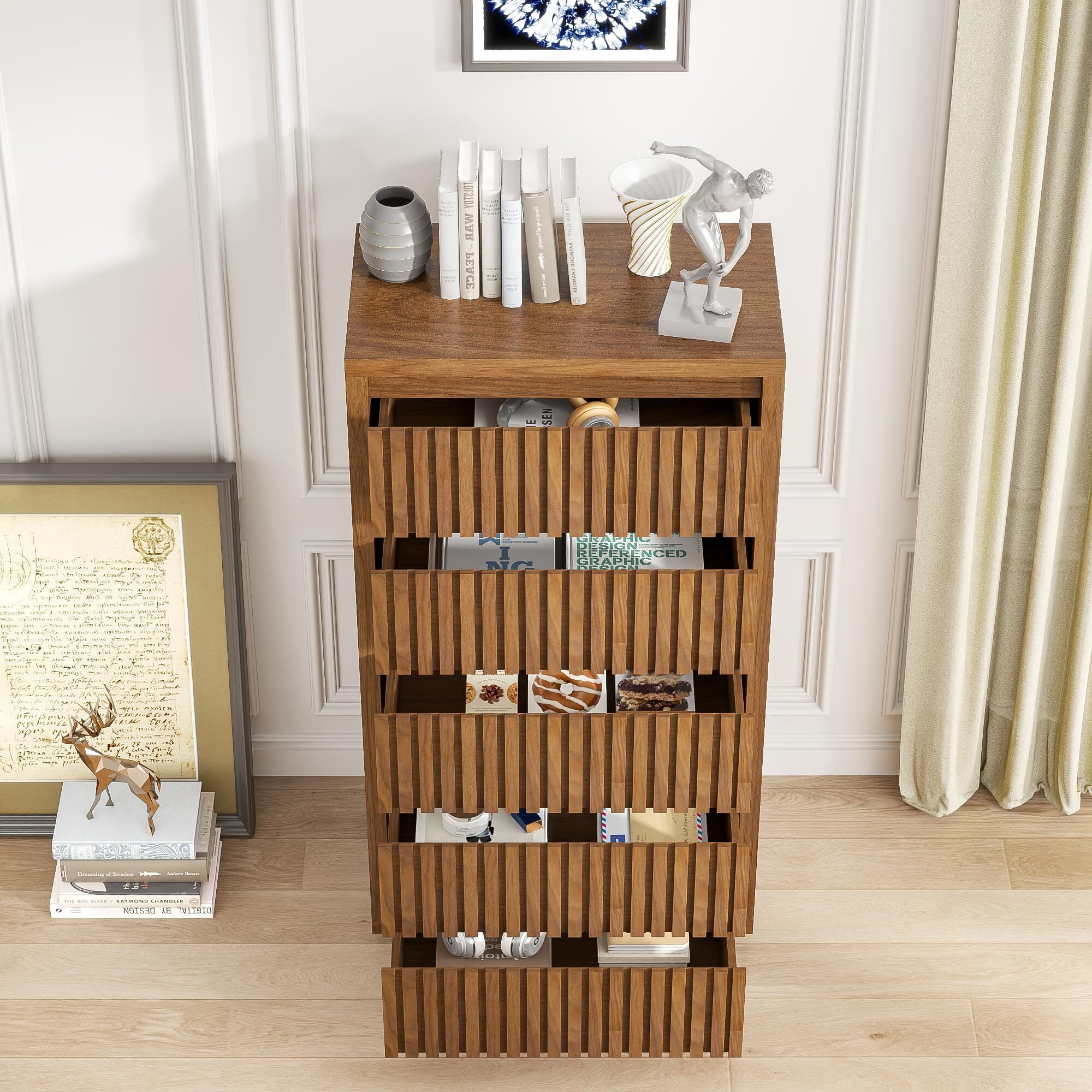 Fluted Tall 5 Drawer Dresser, 45" Mid Century Wood Chest for Bedroom, Modern Closet Clothes Storage Organizer, Walnut Brown Cabinet