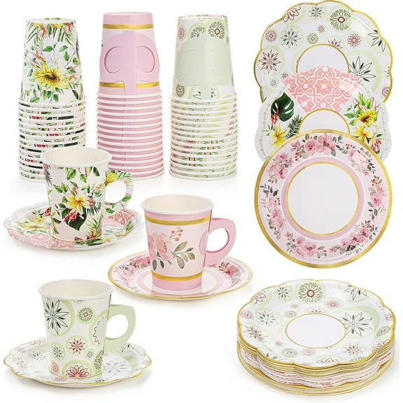96 Pcs Paper Tea Cups and Plates, Disposable 6 Inch Saucers 9oz Teacups with Handle for Tea Party Decorations, Mother's Day, Birthday Favors, Floral 3 Designs
