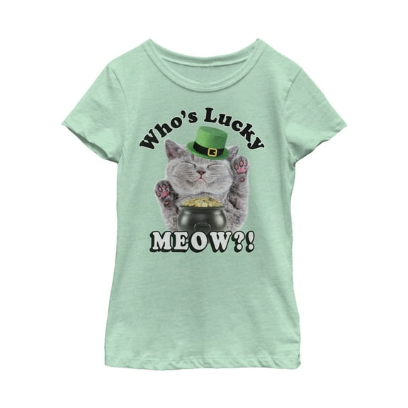 Girl's Lost Gods St. Patrick's Day Lucky Meow Cat  Graphic Tee Mint Large