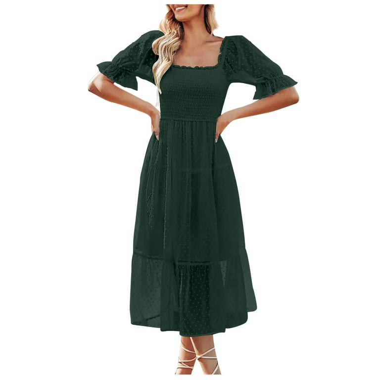 Finelylove Petite Formal Dresses For Women Dresses For Curvy Women Square  Neckline Solid Short Sleeve Bodycon Green