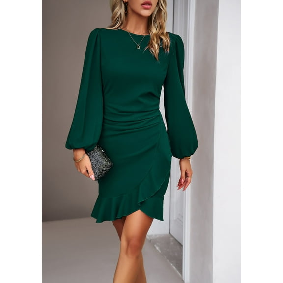 YNIQUE Women's Round Neck Dress Temperament Bubble Long Sleeve Clean Color Dress