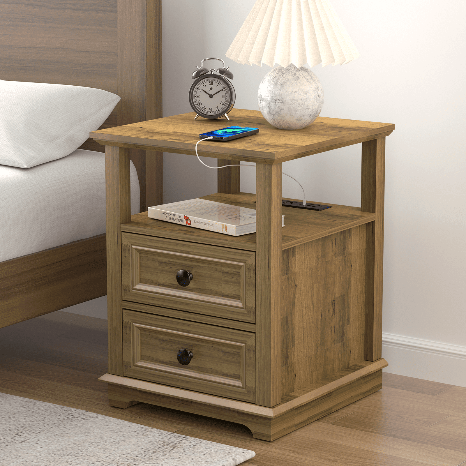 FAGAGA End Table with 2 Drawers, Wooden Nightstand with Charging Station for Bedroom, Light Brown