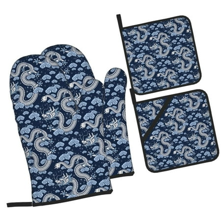 

Haiem Dragons Print Extra Long Oven Mitts and Pot Holders 4pc Sets: Heat Resistant Silicone Oven Mittens with Mini Oven Gloves and Hot Pads Potholders