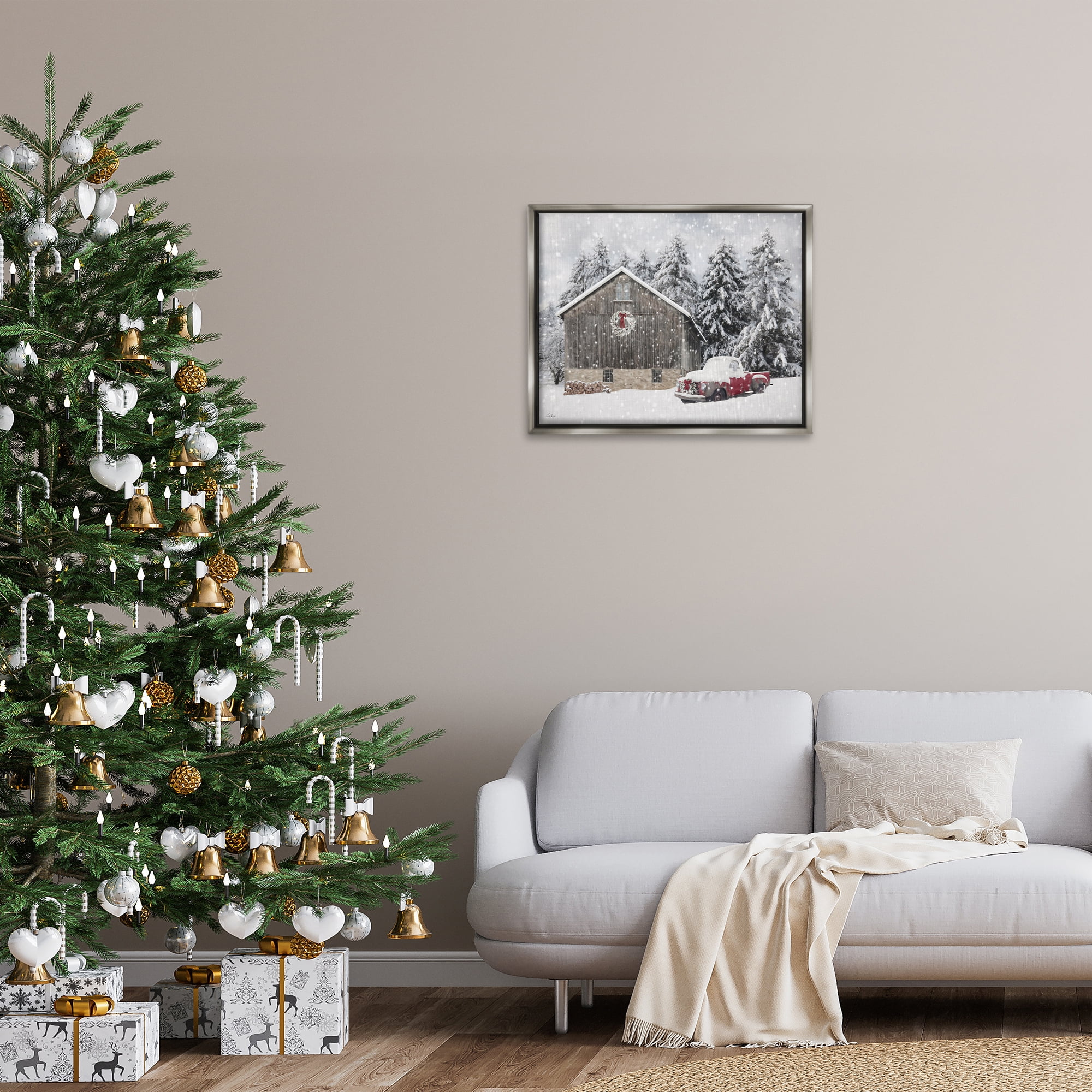 Stupell Industries Snow Covered Farm Scene Holiday Painting Gray Floater Framed Canvas Art Prints Wall Art, 31 x 25