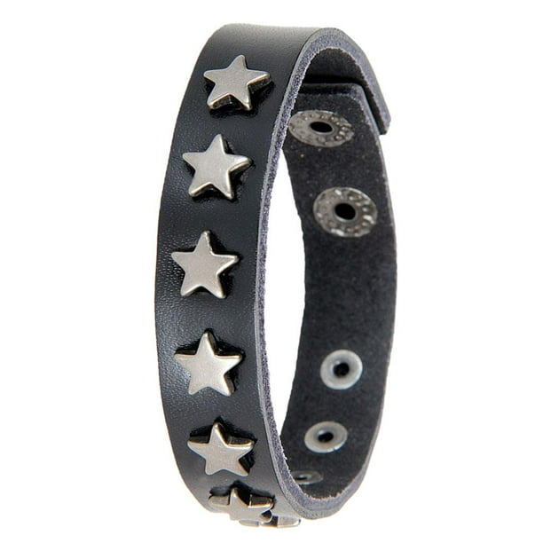 Pulsera de cuero PU estilo punk para hombre y mujer con dije de estrella. Negro