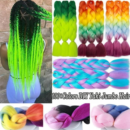 Benehair 3Packs Jumbo Braiding Hair Extensions Real Afro Box Braids Crochet Twist Braid Ponytail 24 Dark Purple to Blue to Yellow to Orange