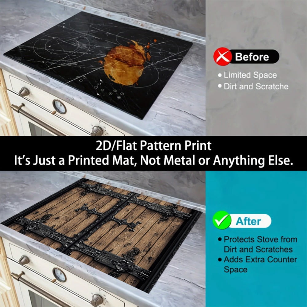 1 2D/flat stove cover protection pad, retro-style wooden ironwork decorative door pattern design, 28.3x20.5 inches (72×52cm), easy to clean, perfectly suitable for any kitchen, washing machine, dryer