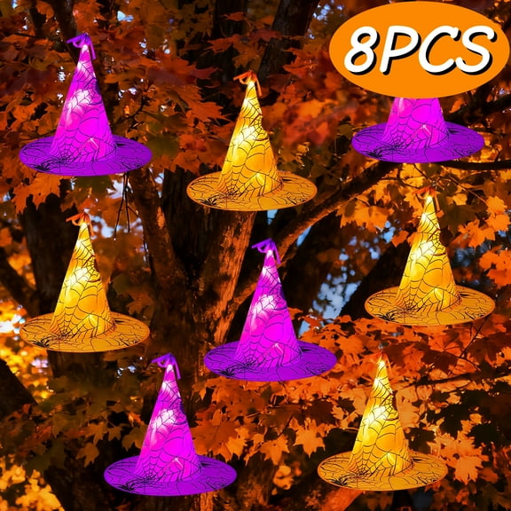 Halloween Decoration Lights Hanging Witch Hat with String Lights Halloween Party Supplies Waterproof Witch Decorations for Indoor Outdoor Garden Yard 8 Pcs